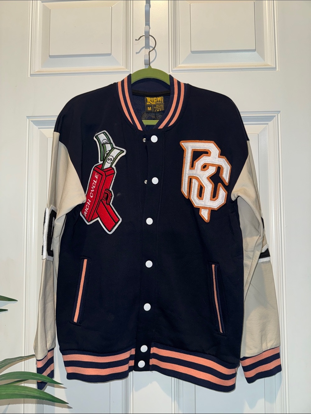 Dark Blue & Cream Varsity Bomber Jacket